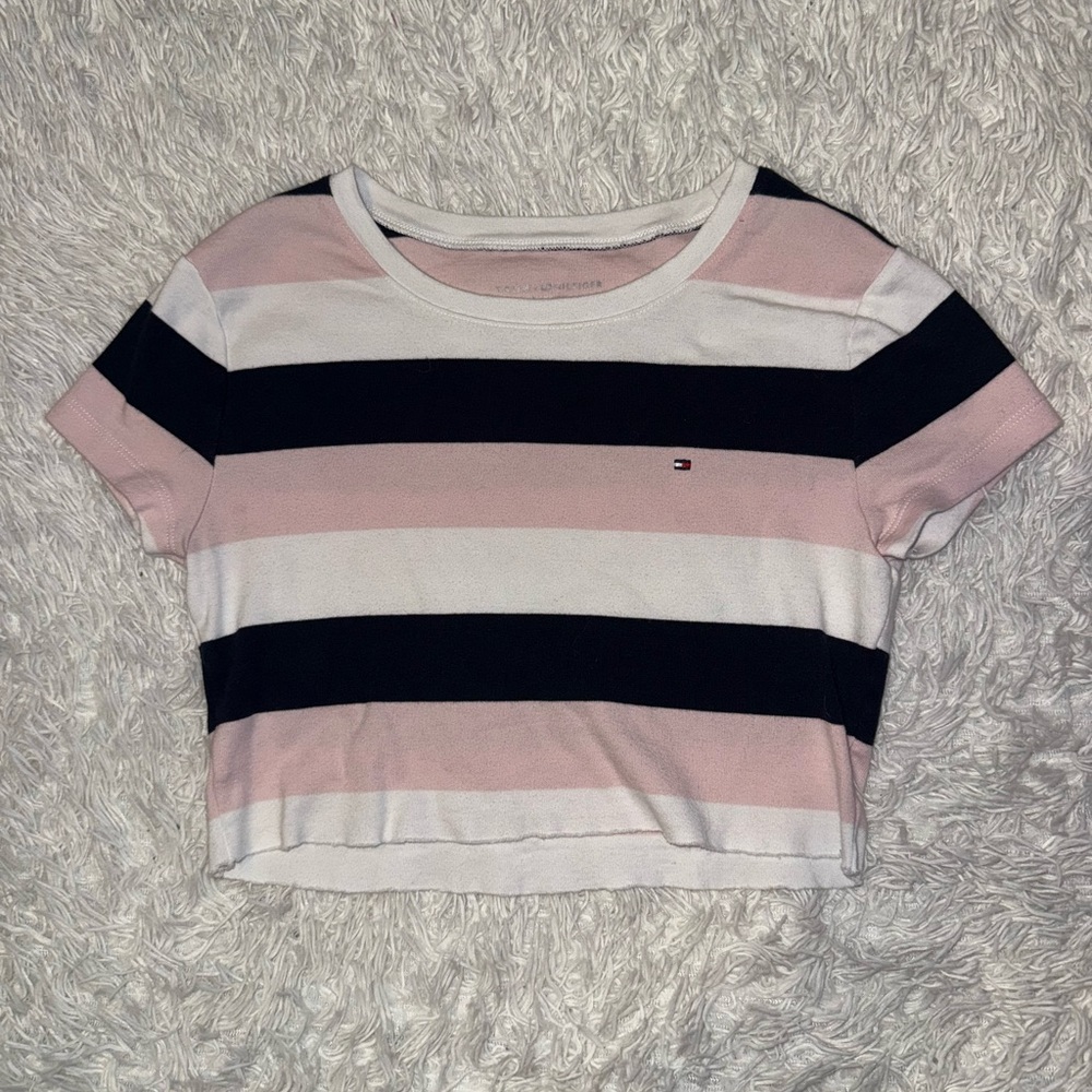 Tommy Hilfiger pink,white and black stripe crop shirt
